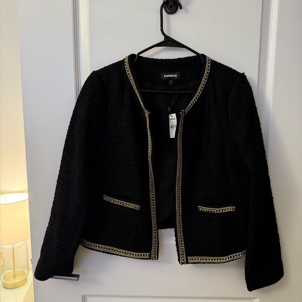 Express tweed Black Jacket with chain detailing. Chanel style.